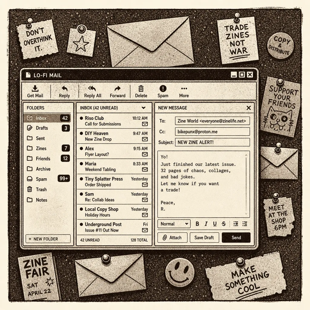 Illustrated mail client window with folders and compose tools