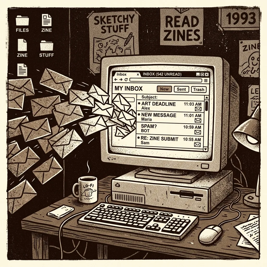 Lo-fi illustration of a desktop inbox receiving envelopes