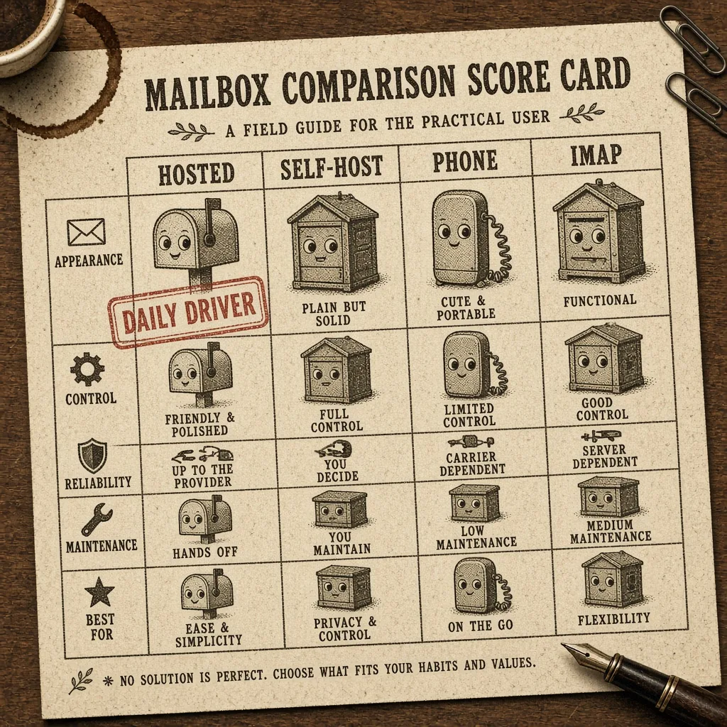 Vintage printed scorecard comparing hosted, self-host, phone, and IMAP clients