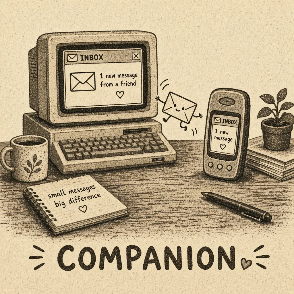 Desktop inbox and a small companion phone sharing the same envelope
