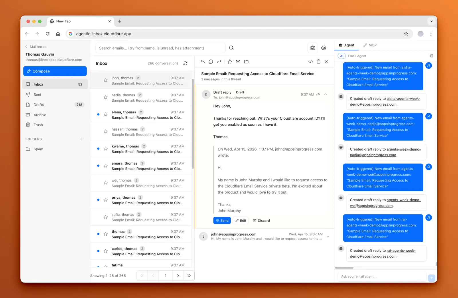 Cloudflare Agentic Inbox with message list, draft reply, and AI agent side panel