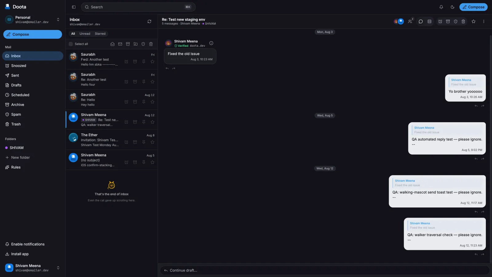 Doota dark inbox with a WhatsApp-style conversation thread