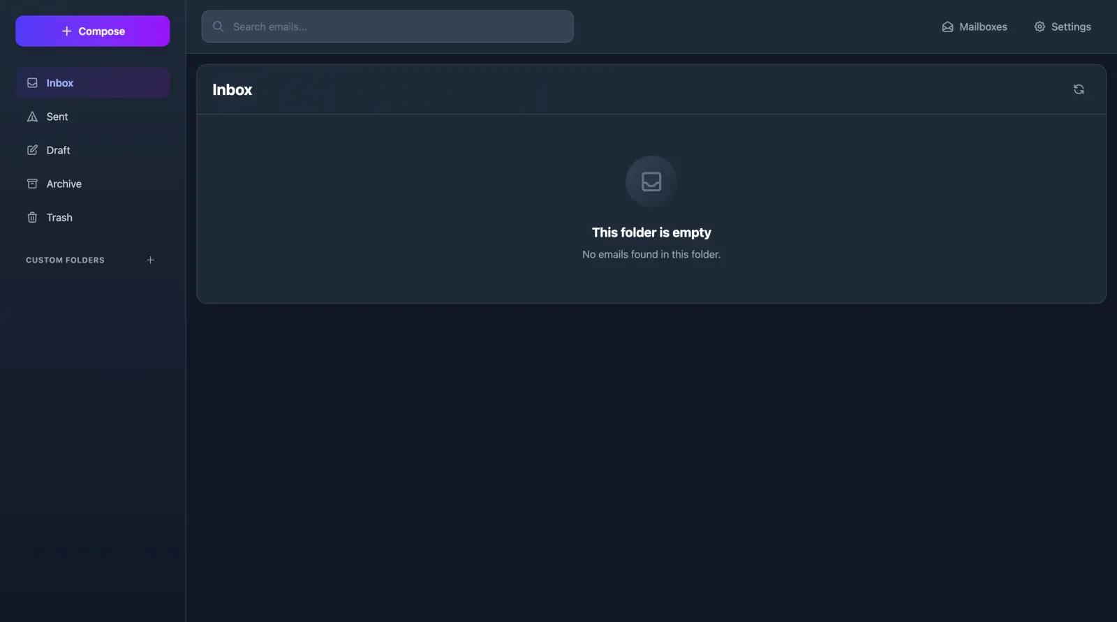 Email Explorer empty inbox with compose and folder sidebar