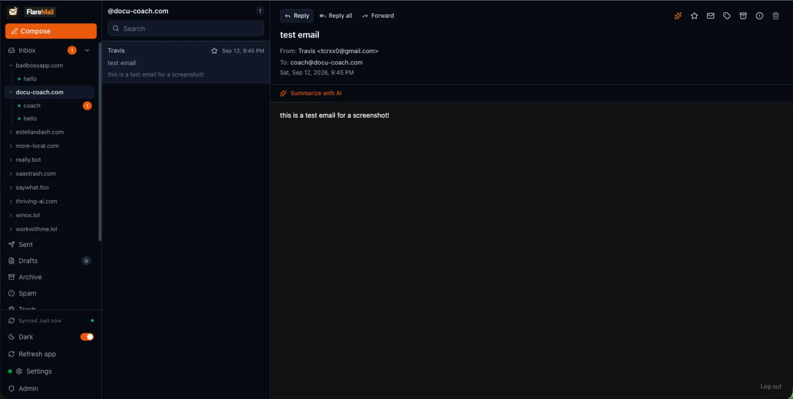 FlareMail web inbox showing domain mailboxes, a message list, and an open test email