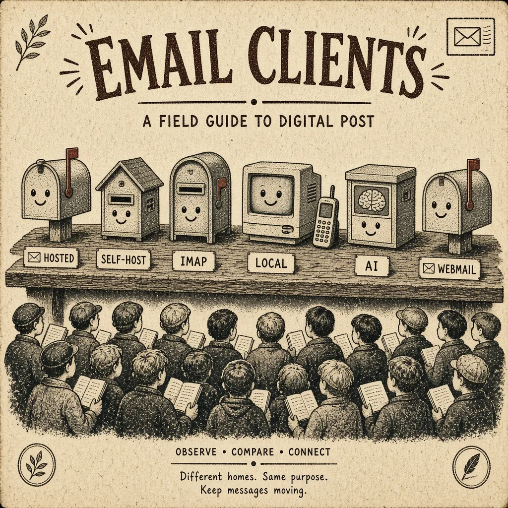 Lo-fi illustration of a field-guide lineup of mailbox characters, with a tiny phone companion in the center