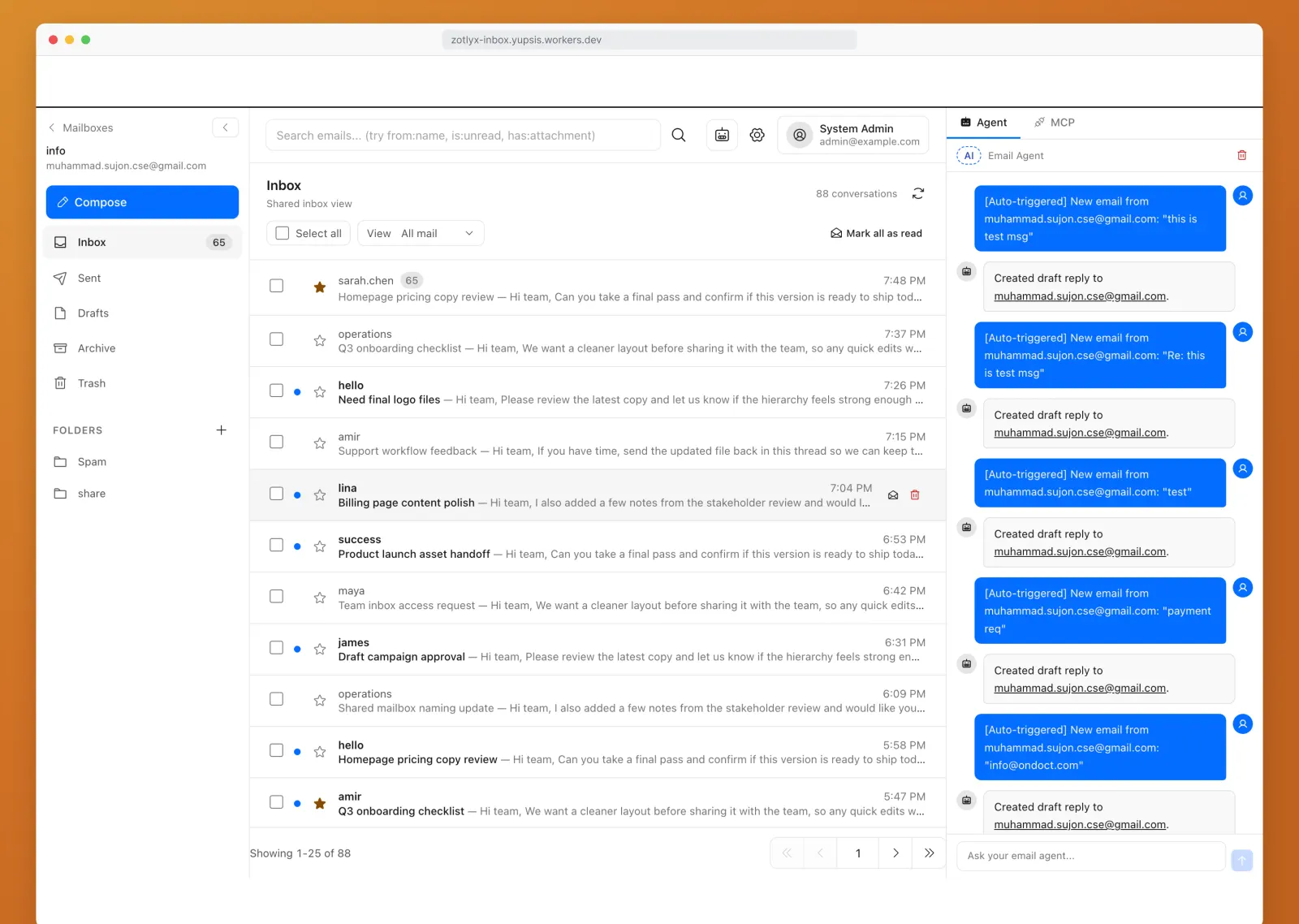 Zotlyx shared inbox with conversation list and AI agent panel