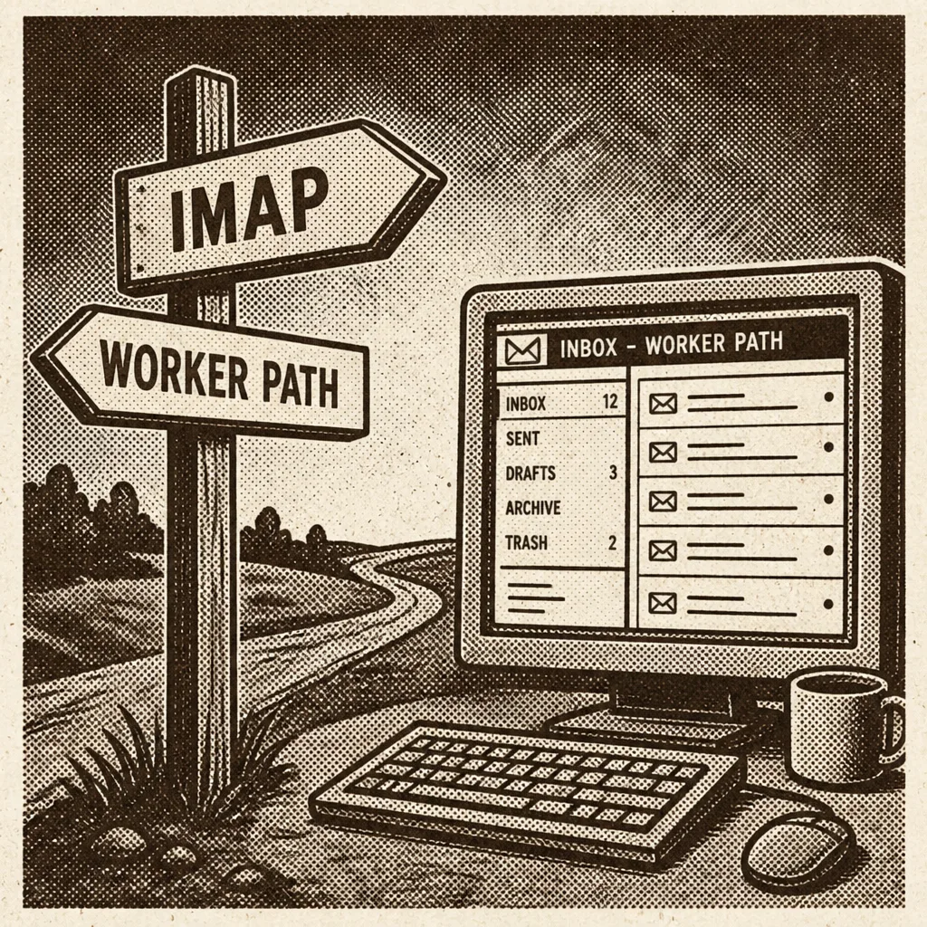 Signpost pointing away from IMAP toward a desktop inbox