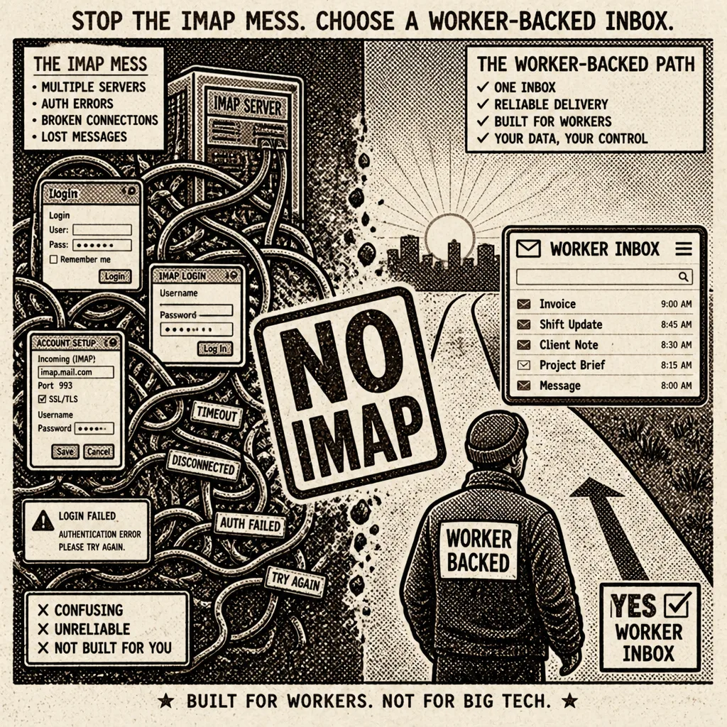 Lo-fi illustration contrasting IMAP cables with a Worker inbox