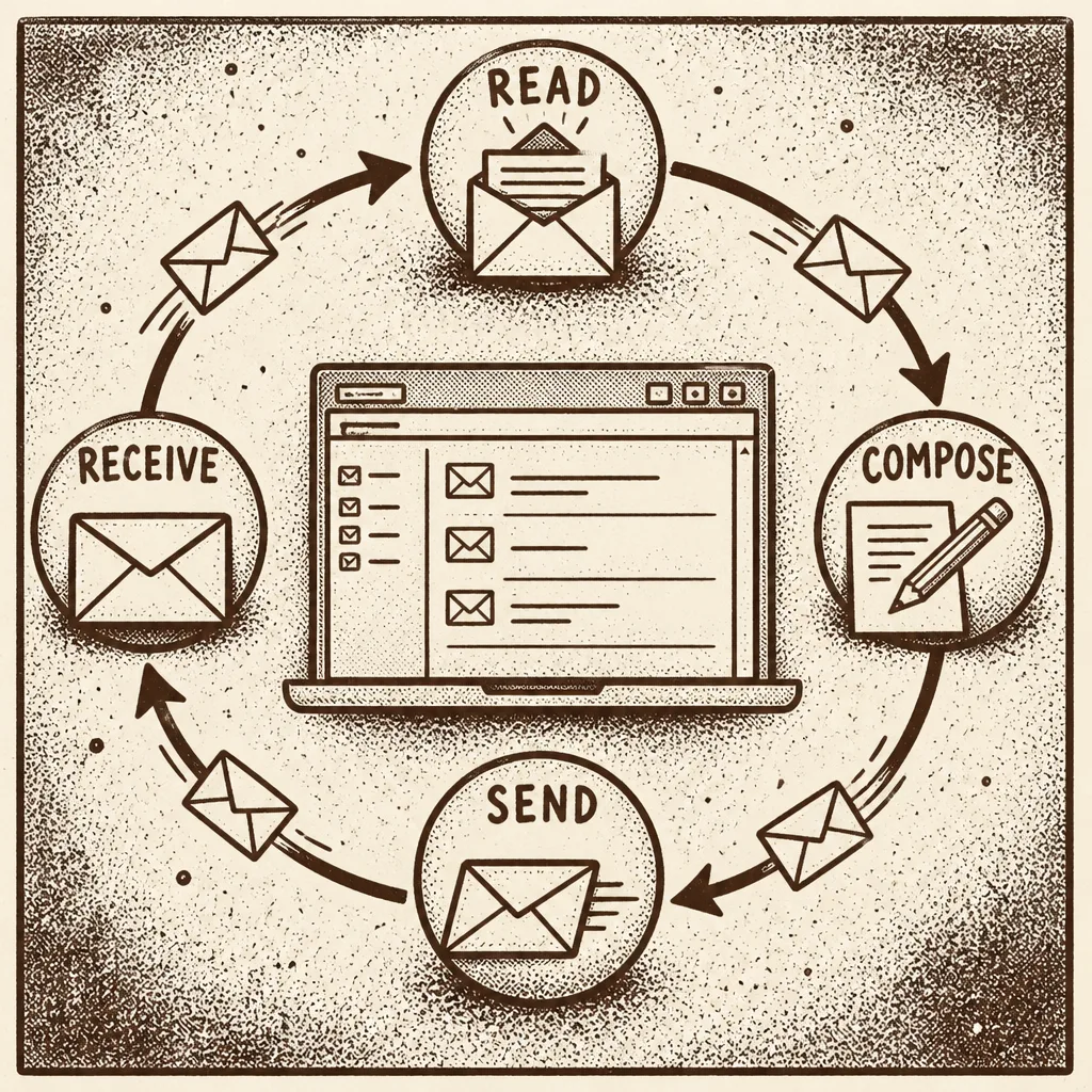 Illustrated send button on a grainy zine poster