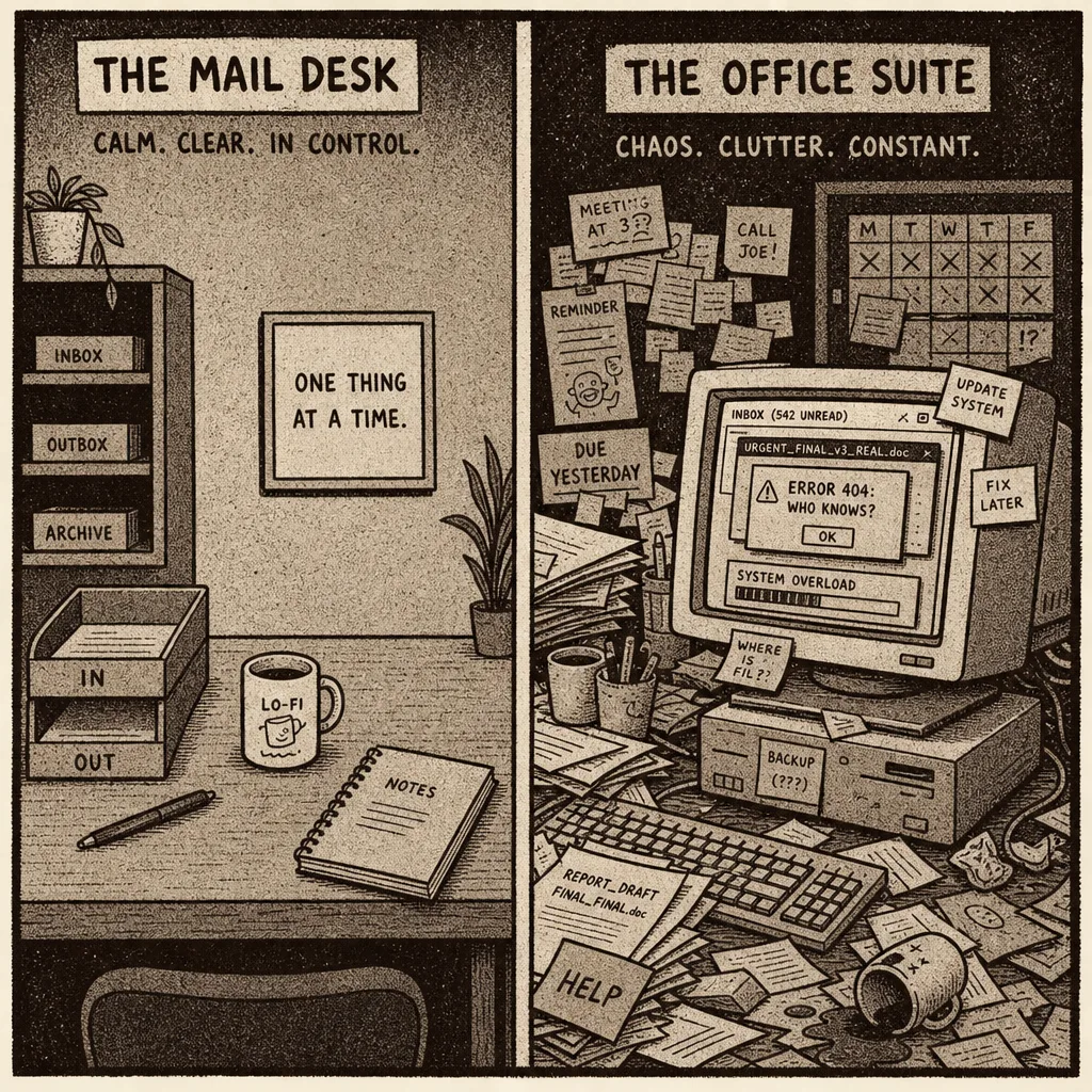 Lean mail desk versus bulky office suite