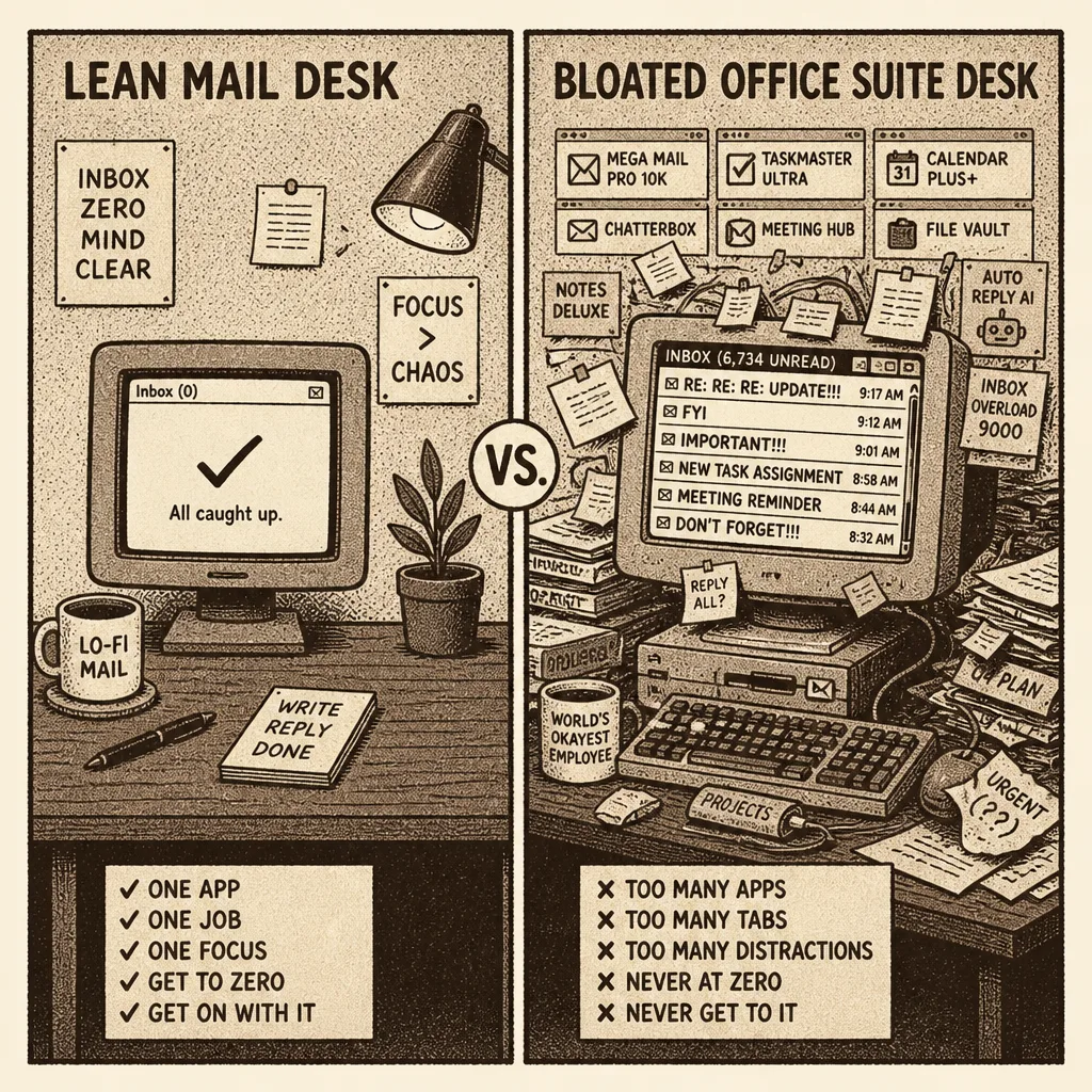 Lo-fi illustration of a lean mail desk vs a bulky suite