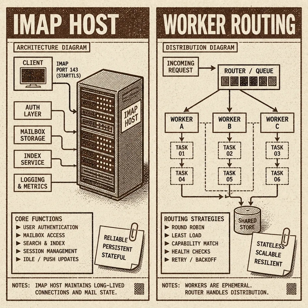 Lo-fi illustration of IMAP vs Worker architecture diagrams