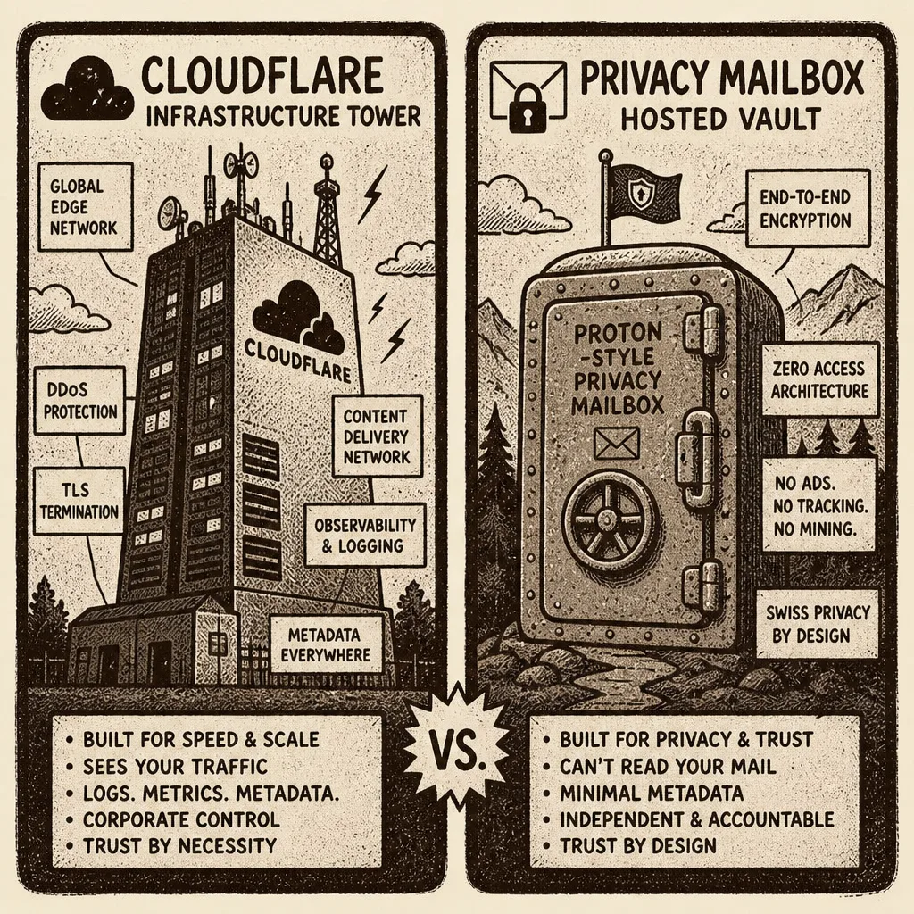 Lo-fi illustration comparing Cloudflare stack to a hosted mailbox