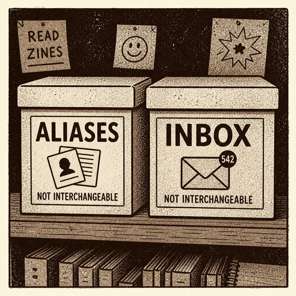 Two product boxes labeled aliases and inbox