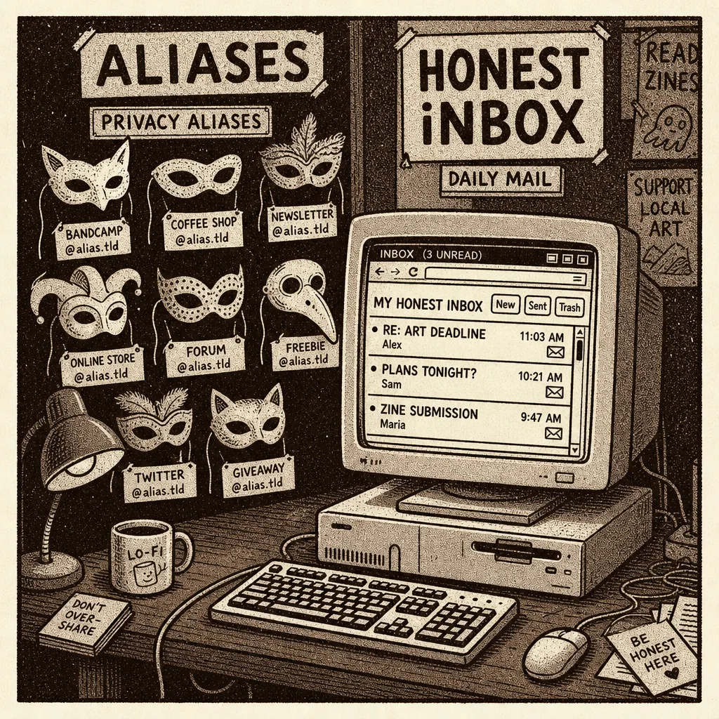 Lo-fi illustration of masks for aliases beside an open inbox