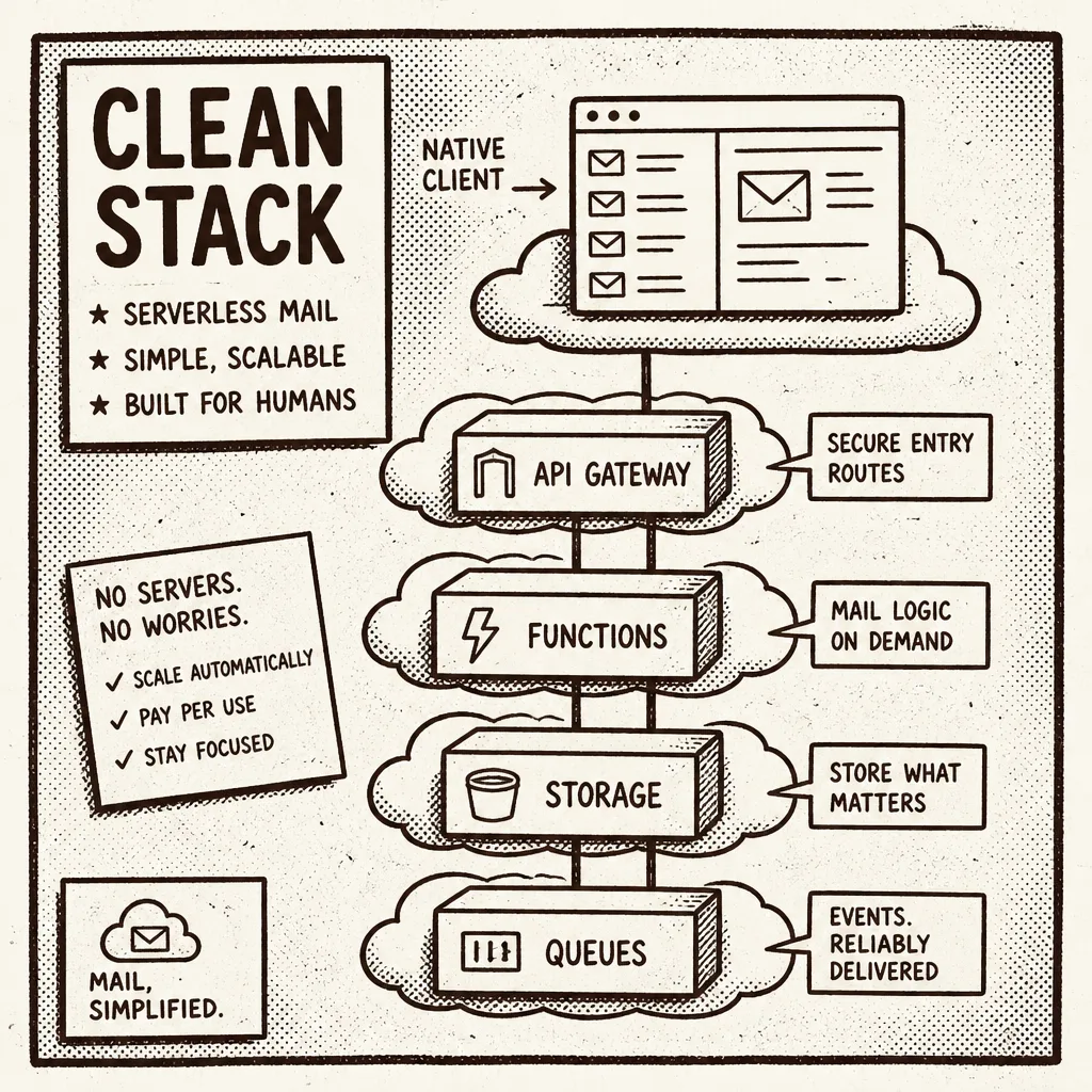 Serverless mail stack sketch with client on top