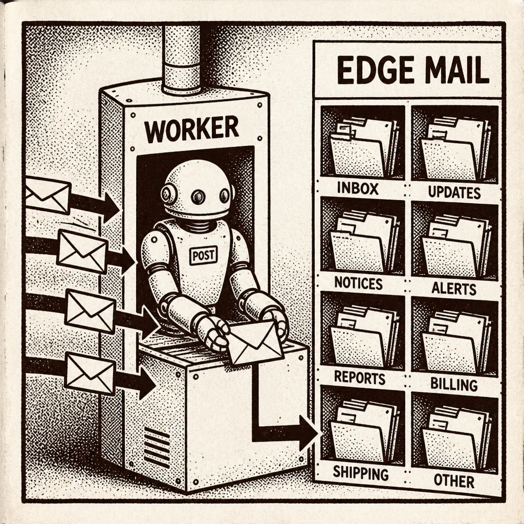 Mail arrows entering a Worker box then an inbox