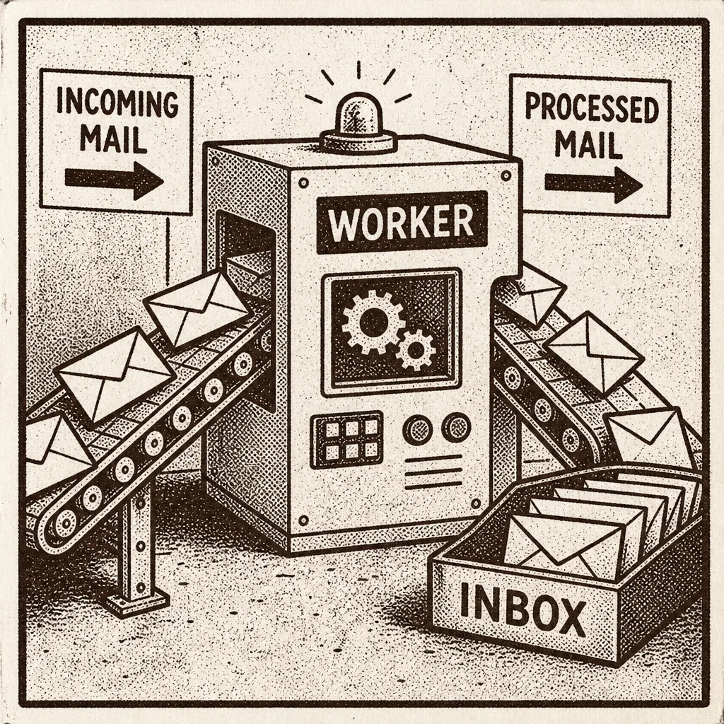 Lo-fi illustration of mail flowing into a Worker then an inbox