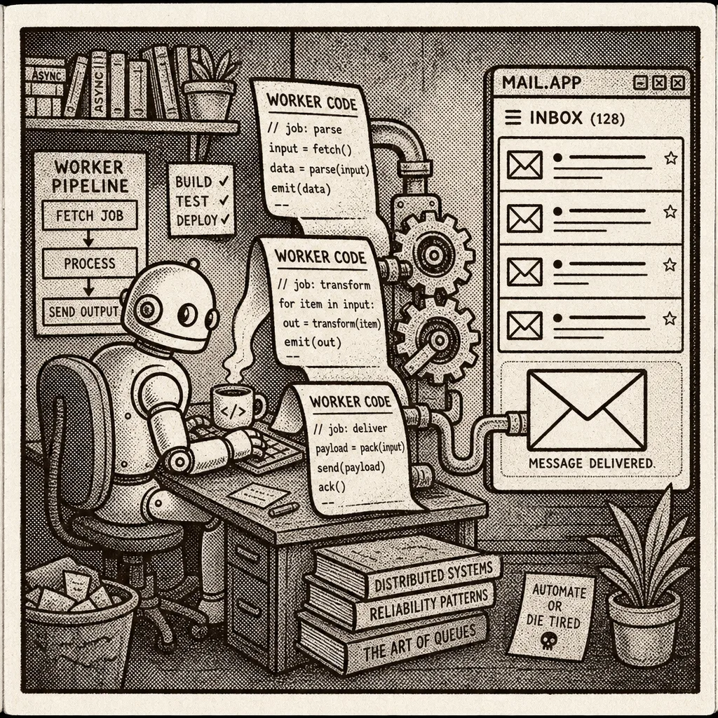 Developer desk with Worker code and mail app