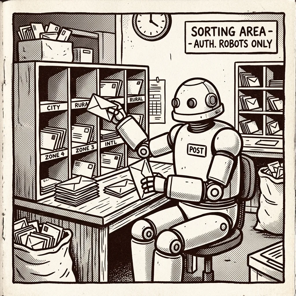 Lo-fi illustration of Workers gears feeding a mail client