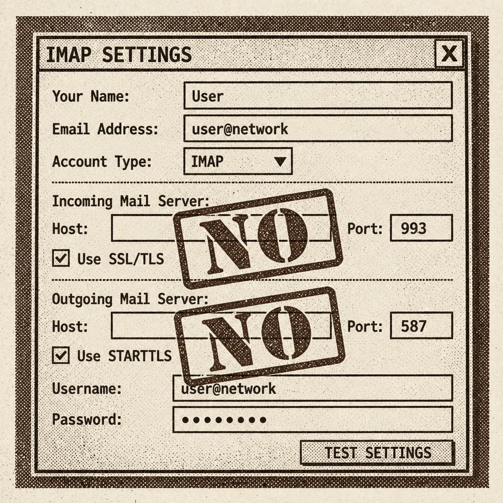 IMAP settings form with a large no stamp