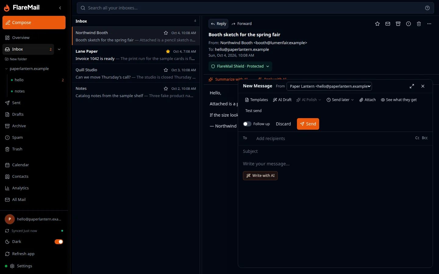 FlareMail compose window in the web app, From set to hello@paperlantern.example