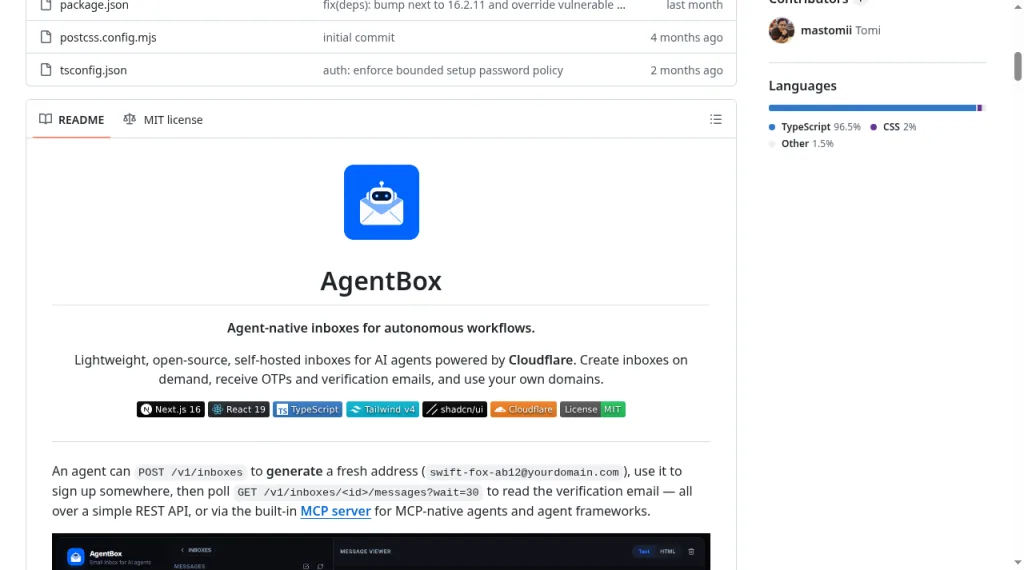 GitHub README for mastomii/agentbox describing agent-native receive-only inboxes