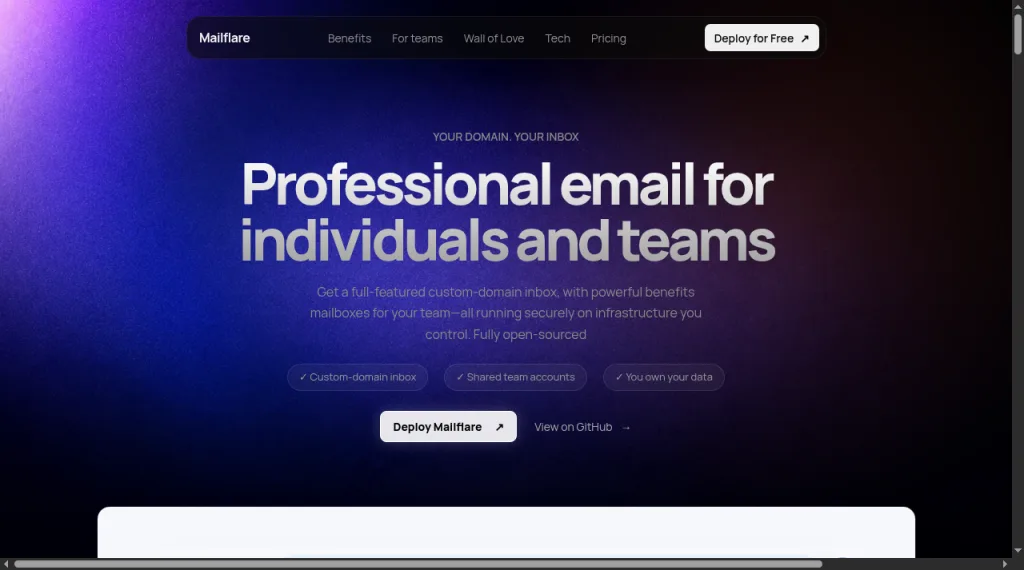 Mailflare homepage: Deploy Mailflare, self-hosted, you own your data