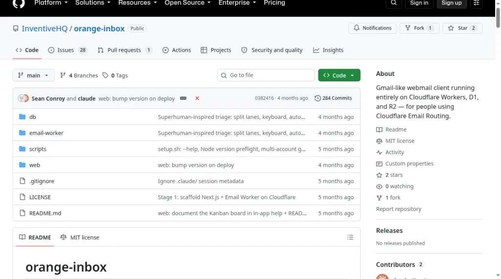 GitHub README for InventiveHQ/orange-inbox, Gmail-like webmail on Workers